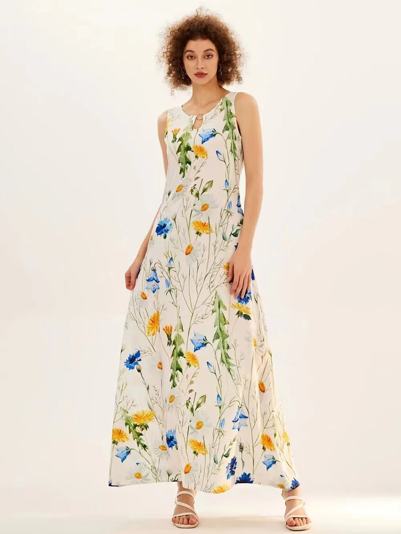 Flower Print New Casual Sleeveless Long Dress Women's V-Neck Printed Dress Swing Bohemian Retro Dresses