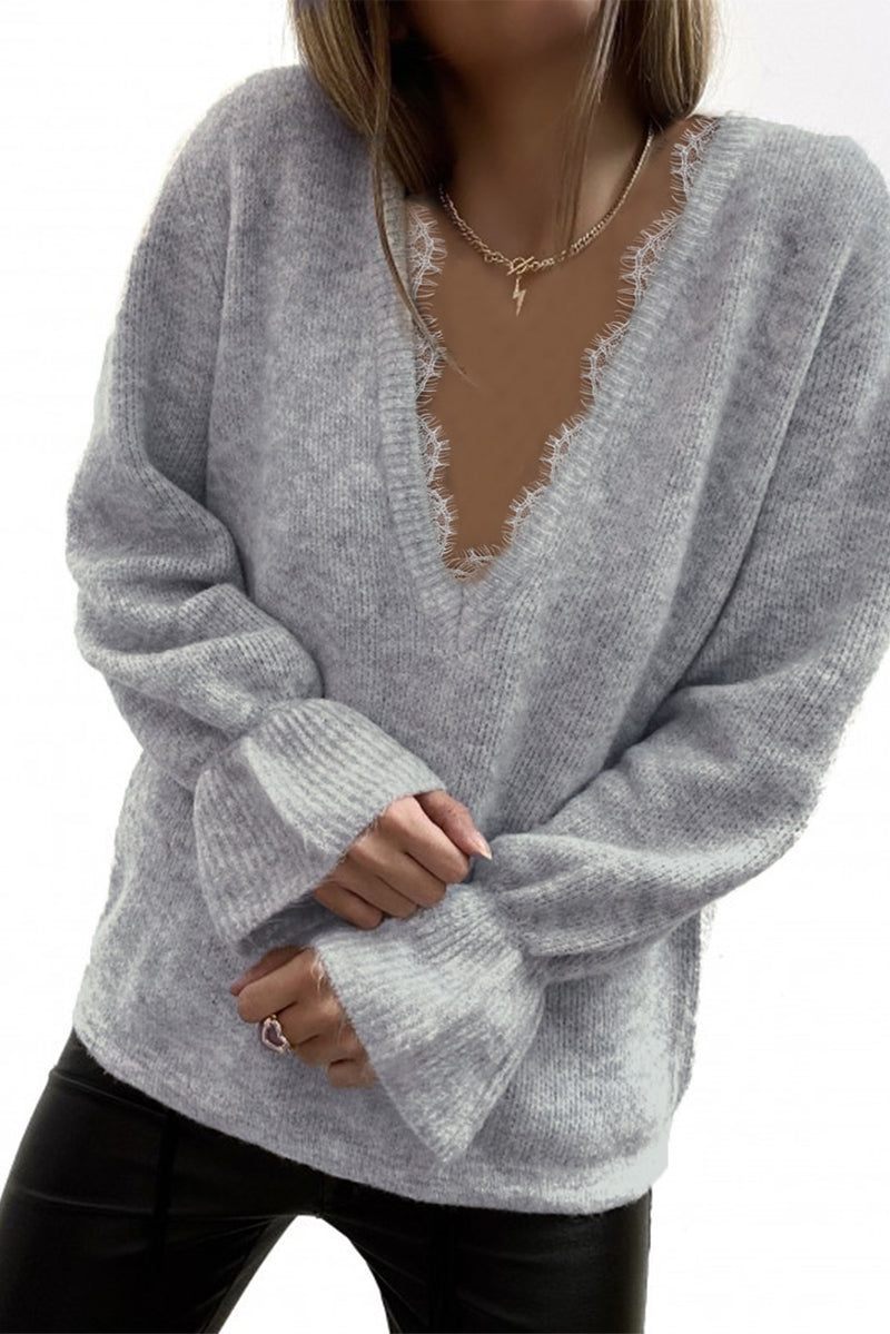 Sky Blue Eyelash V Neck Knitted Sweater