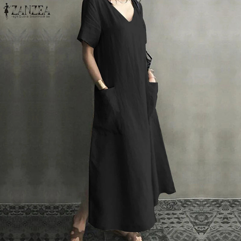 ZANZEA 2023 Women Long Maxi Summer Dress Casual Cotton Linen  Ladies Big Pockets Beach Party Robe Femme Vestidos