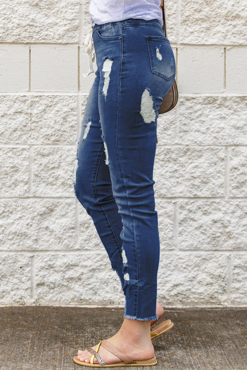 Blank Apparel - Blue Drawstring Elastic Waist Hole Ripped Jeans