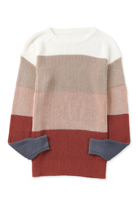 Chestnut Color Block Knitted O-neck Pullover Sweater