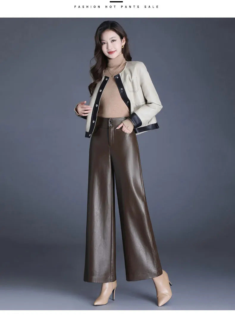 ZUZK High Quality Women PU Leather Wed Leg Pants  Autumn Winter Fashion Warm Long Leather Pants Elegant LeatherTrousers