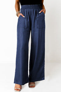 Sail Blue Side Pockets Frilled Smocked High Waist Wide Leg Jeans