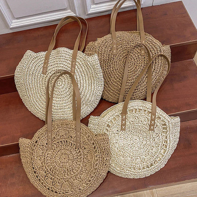 Summer Round Straw Women Vacation Woven Beach Shoulder Bag Large Capacity Hollow Out Simple Tote Bag