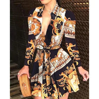 Hot Selling Women's S-2XL Size Fall Lapel Button Long Sleeve Casual Dress Fashion Printed with Belt Elegant Women's Dresses