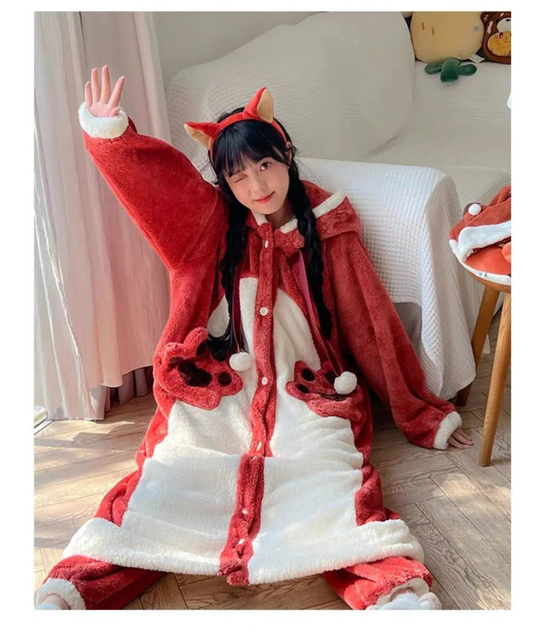 Women Cute Robe Plush Thick Sleepwear Thickened Warm Flannel Cartoon Sleeping Bag Animal One-Piece Pajamas Men Women Homewear