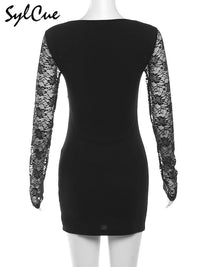 Nibber Black Mysterious Sexy Lace Stitching Mature Fishbone Beautiful Sweet Gentle Women'S Winter Long Sleeve Hip Short Dress