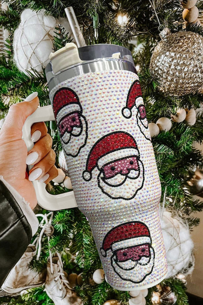 White Christmas Santa Claus Diamond Thermos Cup with Straw