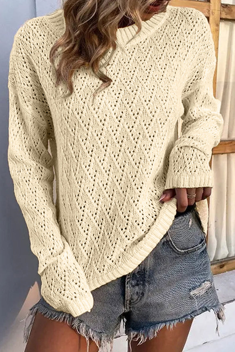 Beige Eyelet Knit Ribbed Trim Sweater