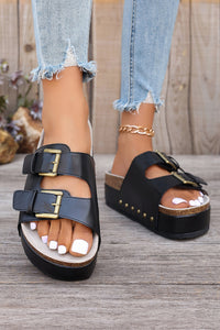 Black Dual Buckle Studded Platform Sandal Slippers