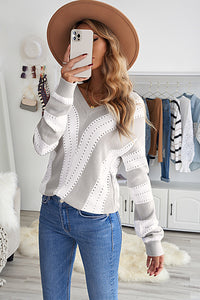 Gray Striped Colorblock V Neck Knitted Sweater