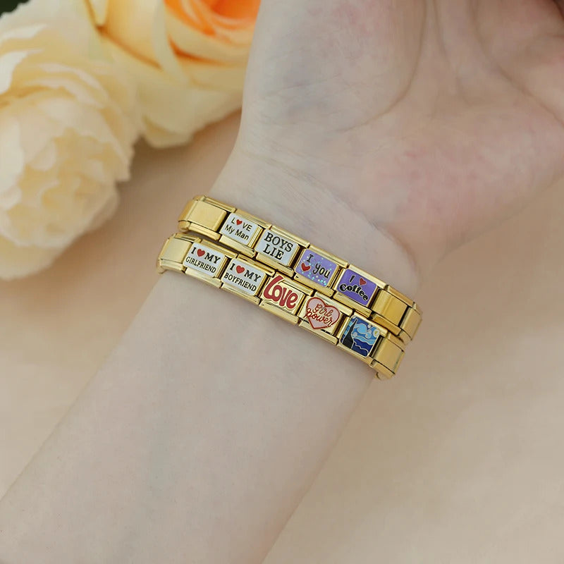 Hapiship Drop Shipping I Love Heart Golden Italian Charm Links Fit 9mm Stainless Steel Bracelet Wholesale Jewelry DJ1404-B