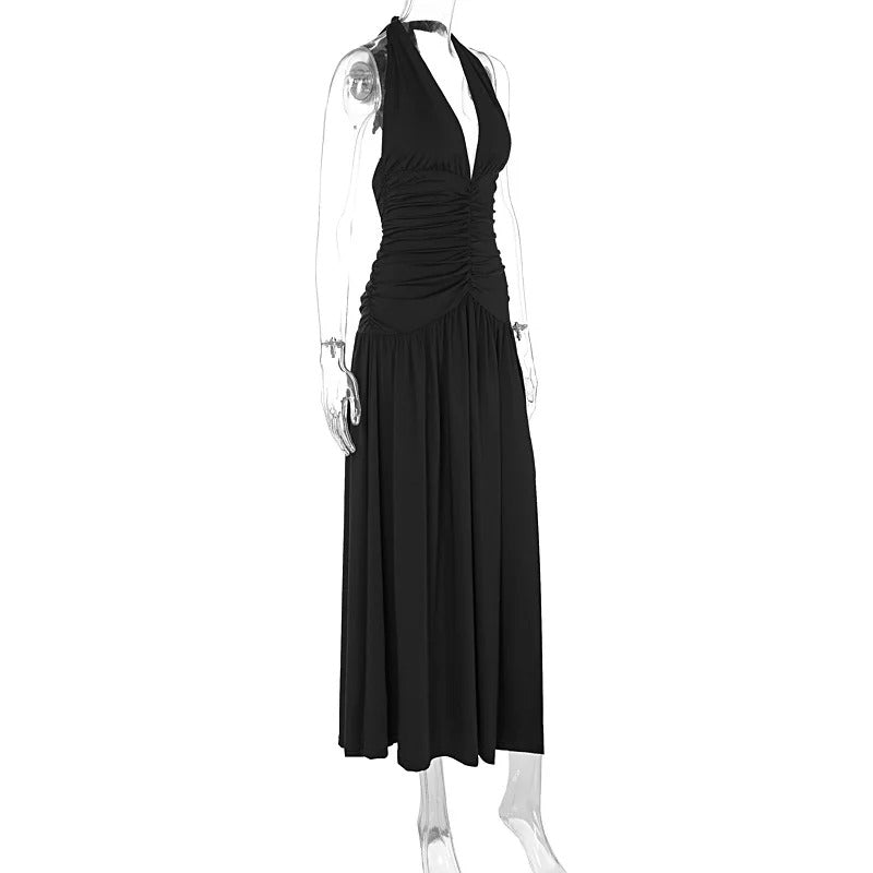 2024 summer new temperament hanging neck V-neck backless pleated slit high waist long dress