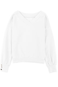 White Knitted V Neck Buttoned Cuffs Sweater