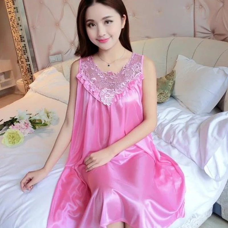 Lace Ice Silk Sleeping Dress Medium Length Sleeveless Tank Top Sexy Sleeping Dress Can Be Worn Externally Home Wear