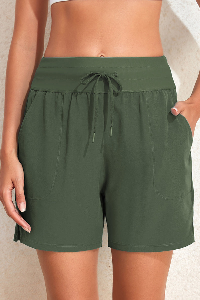 Green Solid Pocketed Drawstring High Waist Swim Bottom