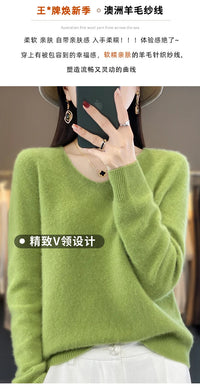 100% pure wool cashmere sweater women's V-neck pullover casual knit top autumn and winter women's coat Korean fashion