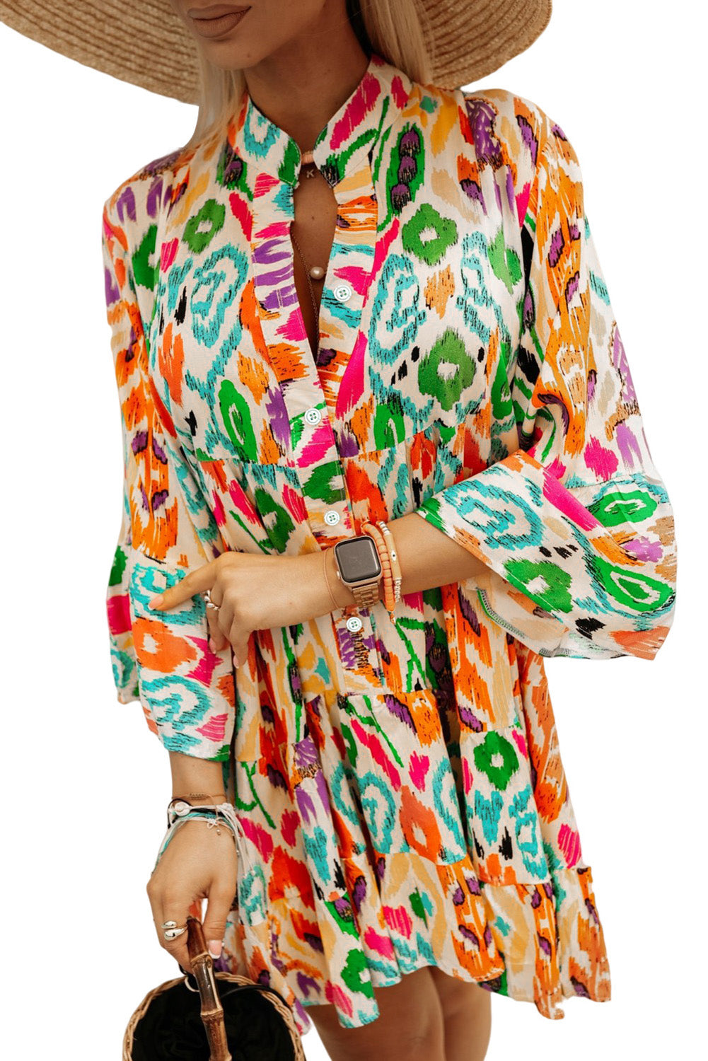 Abstract Floral Print Long Sleeve Buttoned Mini Dress