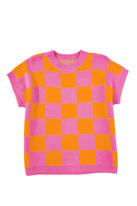 Strawberry Pink Colorblock Plaid Pattern Ribbed Trim Sweater Tank Top