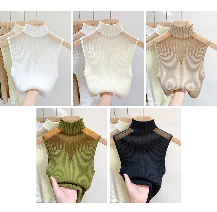 Mesh Knitted Top Women Y2K Tank Top Half Neck Vest Female Sleeveless Sweater Chic Cut Out Streetwear Solid Skinny Tube Top