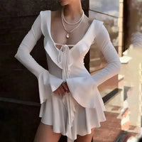 Talenza Backless Lace Up Slim Fit Mini Dress Women's Sexy Bell Sleeve Party Dress Solid Color Deep V High Waist Dress For Women