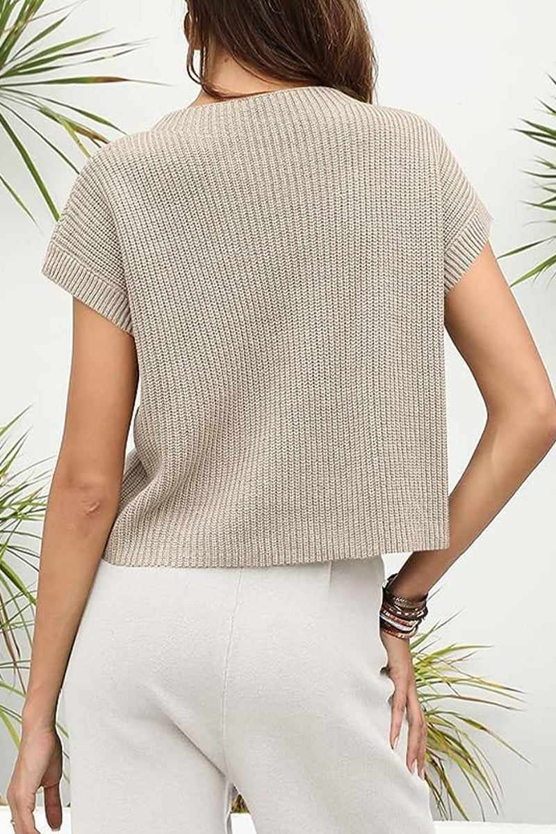 Pale Khaki Patch Pocket Short Sleeve Sweater