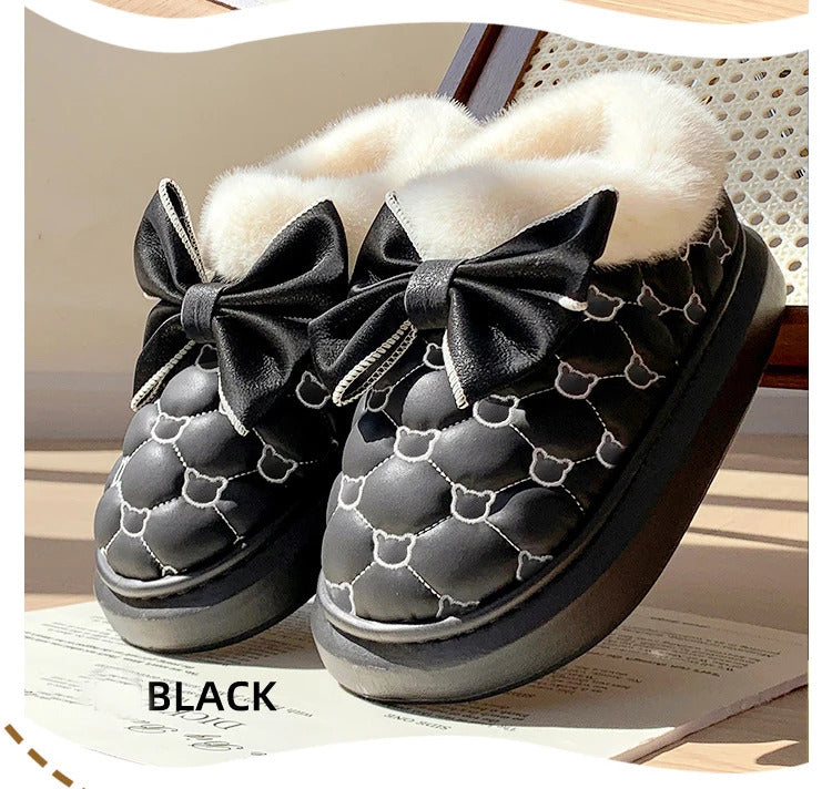 Platform Ankle Boots Female Bowknot Designer Winter Snow Booties Indoor Fluffy Slippers Women House Flats Fashion Footwear Warm