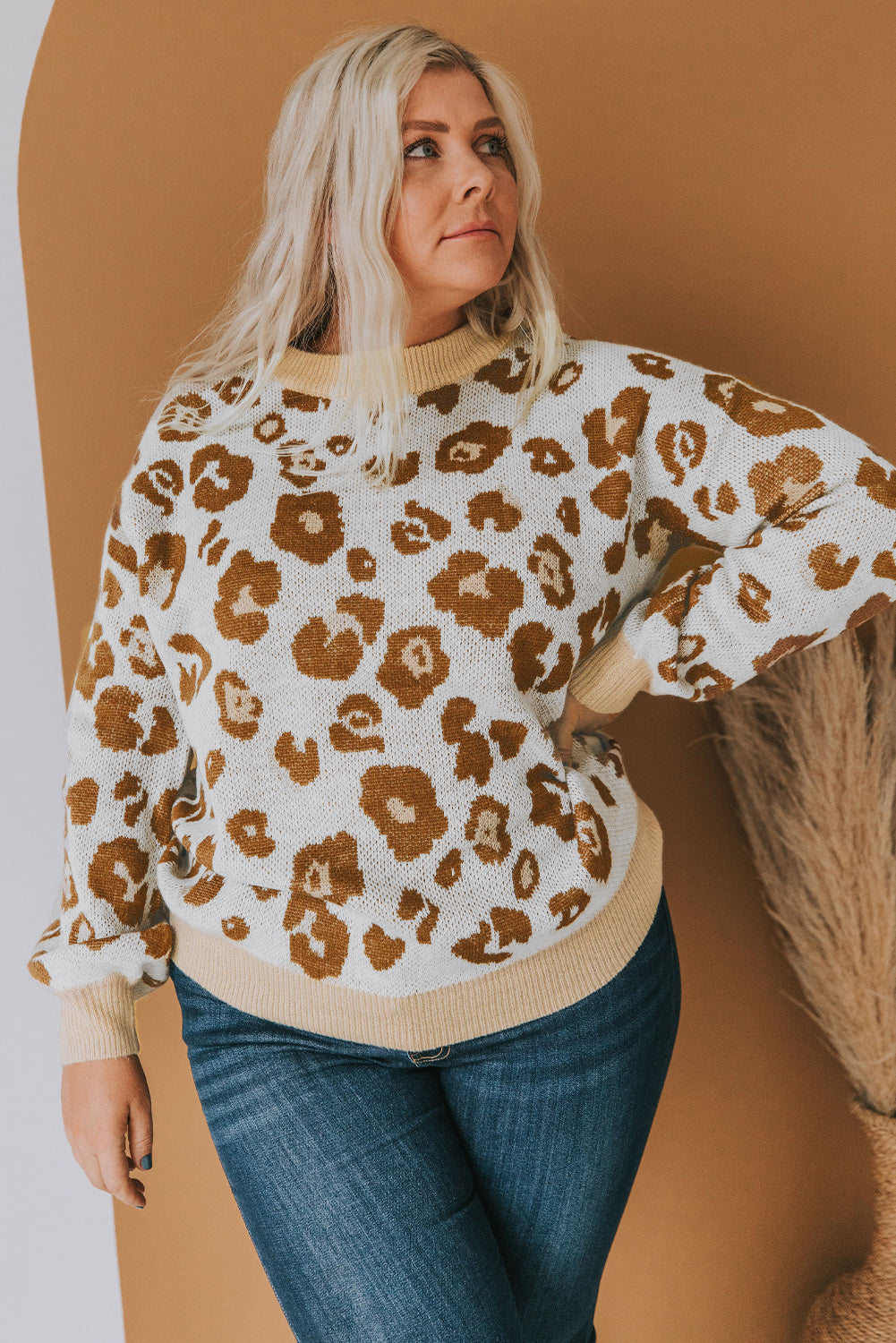 Leopard Plus Size Ribbed Hem Leopard Sweater