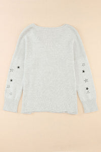 Gray Mini Starfish Embroidery Lightweight Knit Sweater