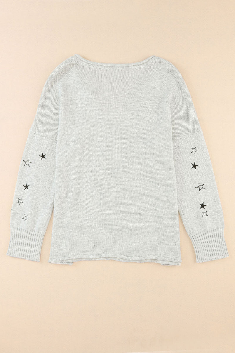 Gray Mini Starfish Embroidery Lightweight Knit Sweater