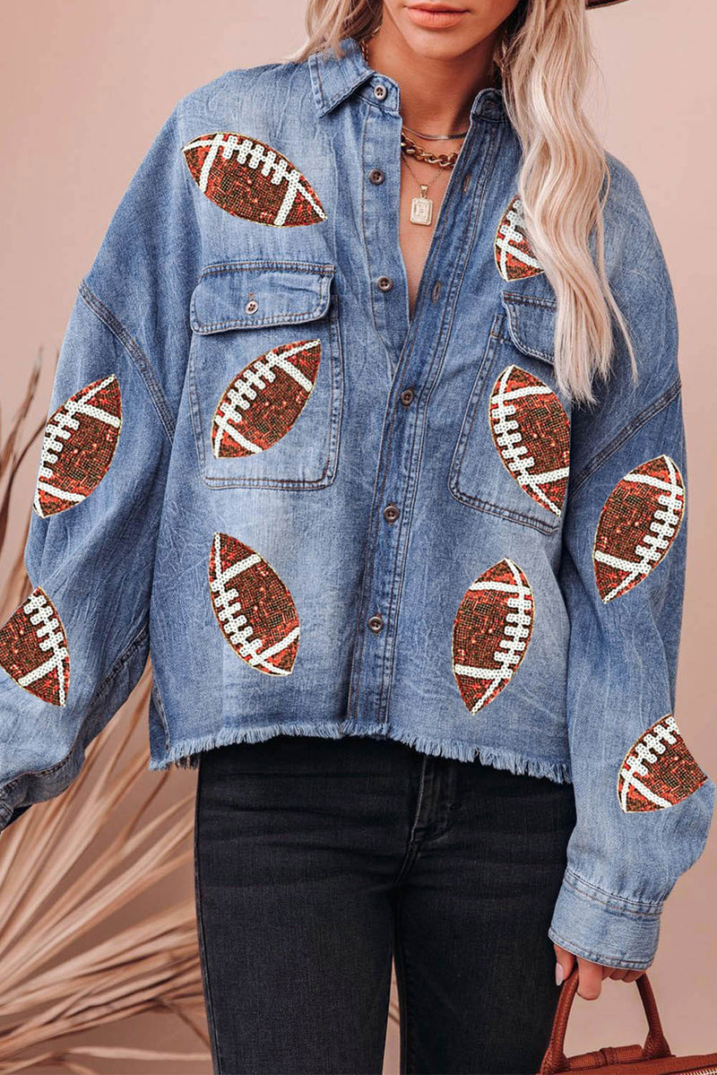 Sky Blue Sequin Patchwork Flap Pockets Raw Hem Denim Jacket