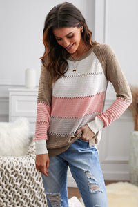 Wine Accent Knitted Color Block Long Sleeve Crew Neck Sweater