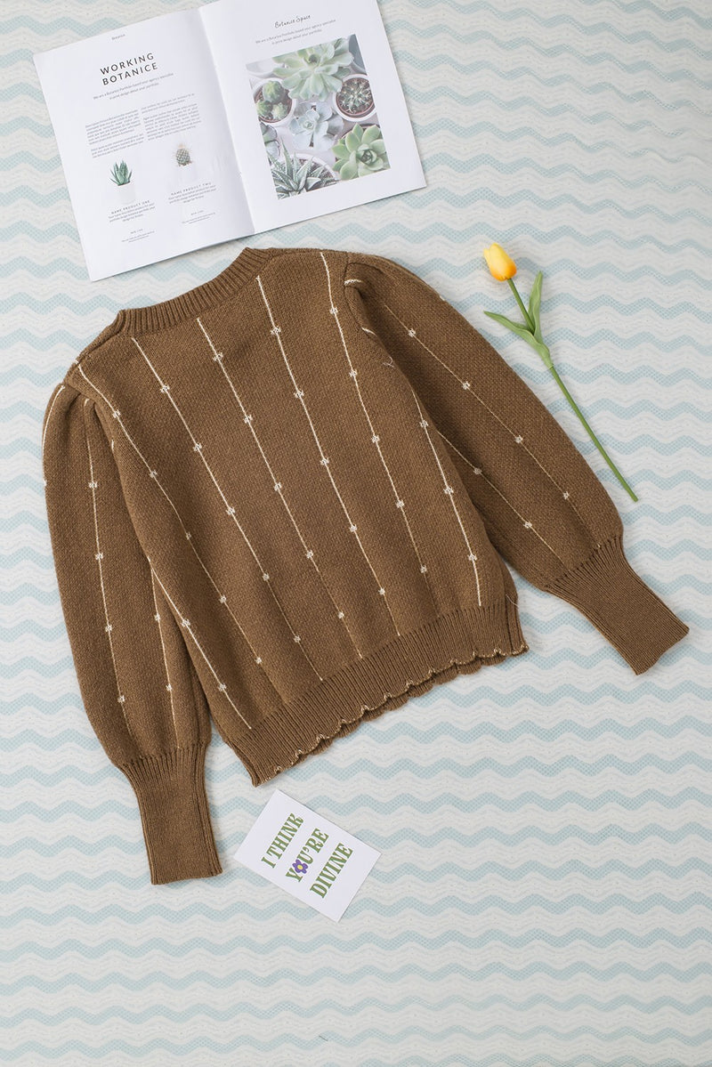 Brown Long Sleeve O-neck Knitted Sweater