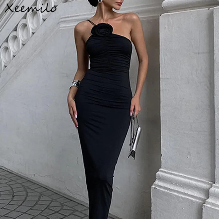 Xeemilo Elegant Sleeveless Slim Black Dress Aesthetic Oblique Strap Backless Prom Dresses French Retro Evening Party Skinny Robe