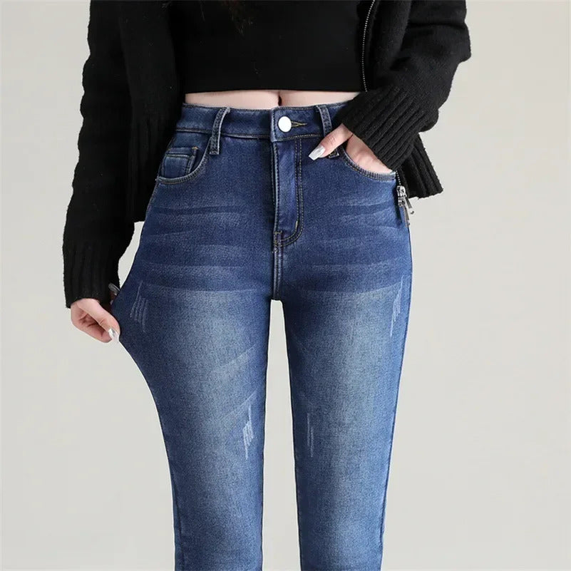 Women Thermal Skinny Jeans Mom Winter Warm Plush Stretch Jeans Lady Fleece Snow Denim Pants Student Pencil Straight Leg Trousers