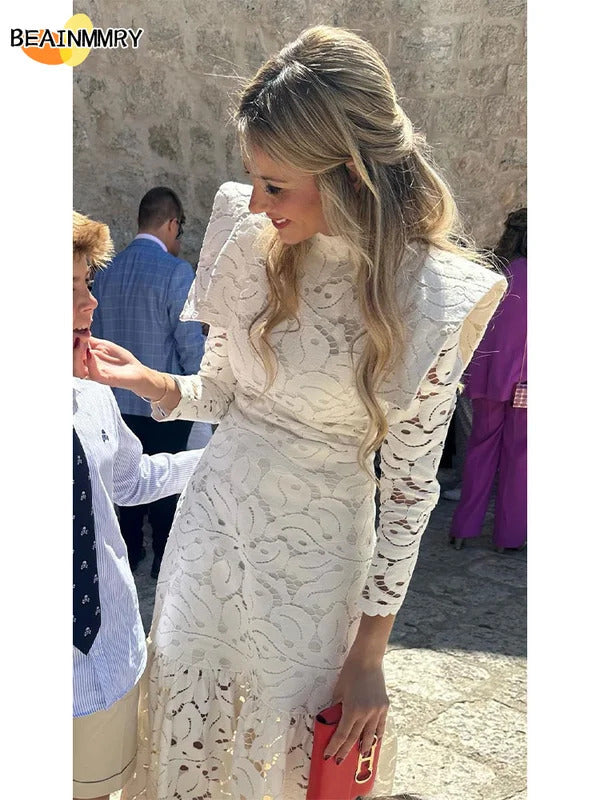 Elegant Hollow Out  Lace Maxi White Dress Women's Fashion Mock Neck Long Sleeved Shoulder Padded Robe 2024 Evening Females Wear