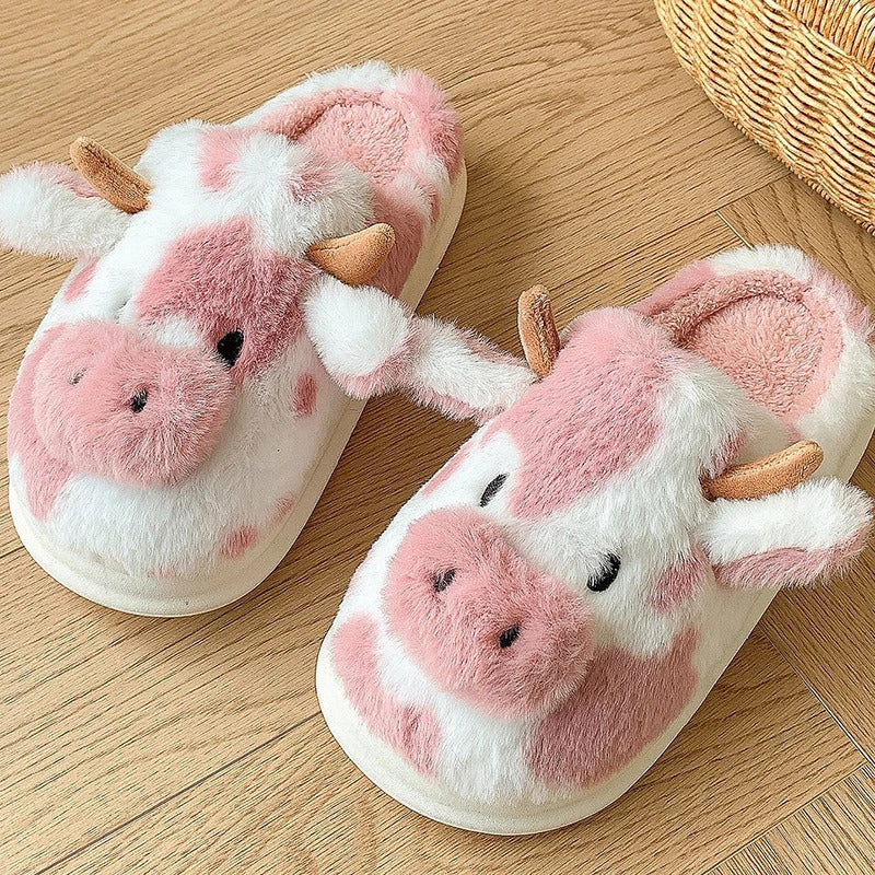 Women's Winter Warm Cartoon Cow Slippers Closed Toe Non Slip Furry House Shoes Women Indoor Bedroom Thick Sole Plush Slippers