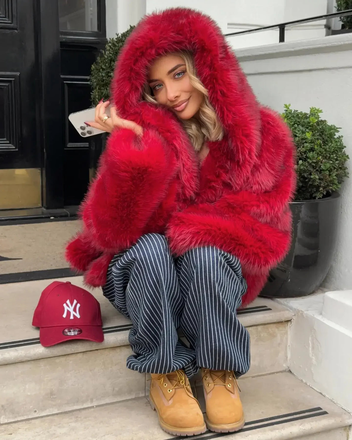 Women Fashion Turn-down Collar Winter Warm Jacket 2025 Christmas Red Hooded Fluffy Faux Fur Coats Casual High Street Outerwear