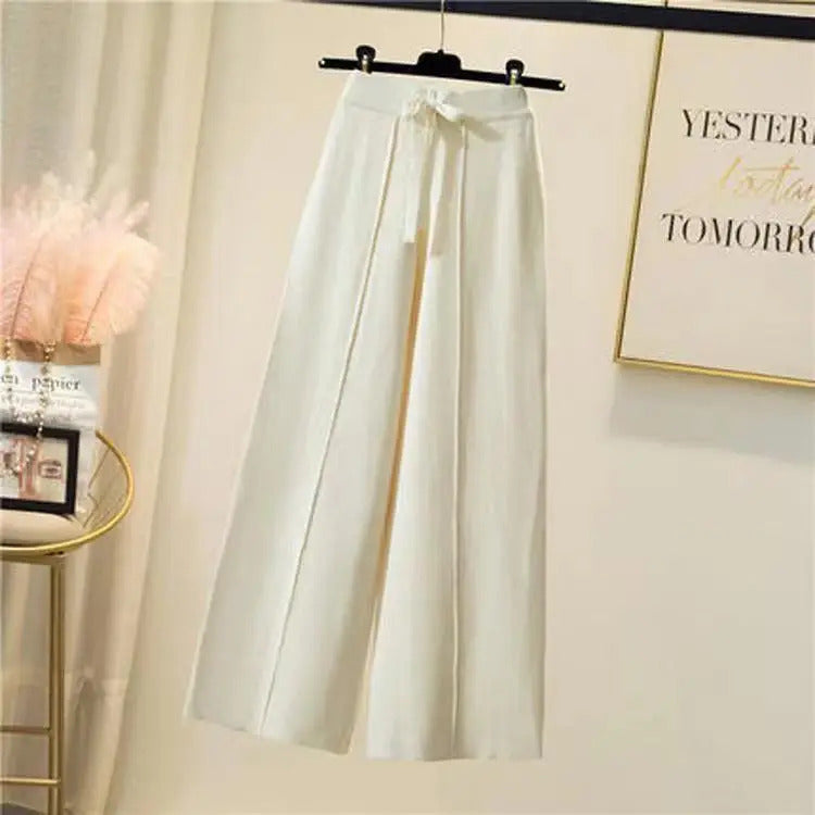 Knitted pants women spring and autumn high waist elastic drape drawstring loose casual mopping pants straight wide leg pants