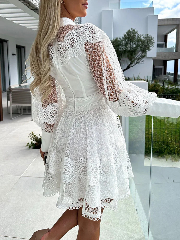 Spring Summer Women Solid O-Neck Mini Dress Loungewear Fashion Hollow Out Lantern Sleeve Ladies Party Dress Streetwear Vestidos