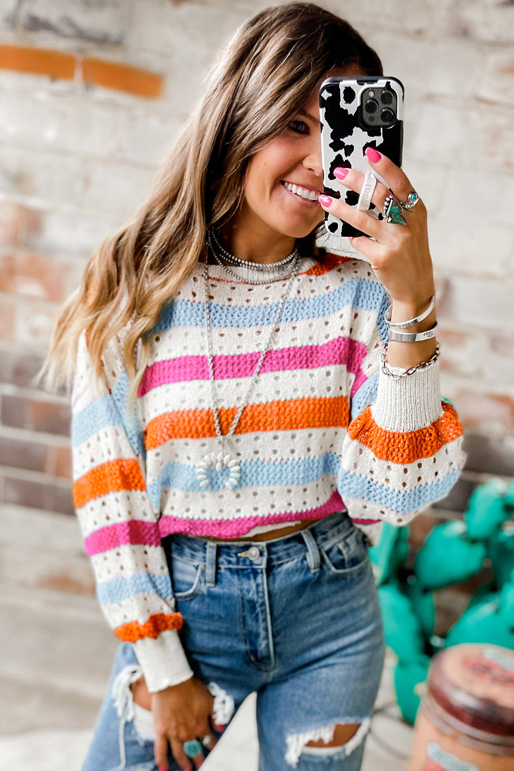 Tan Striped Hollowed Knitted Loose Sweater