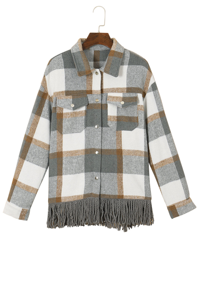 Medium Grey Plaid Snap Button Pocket Fringed Hem Jacket