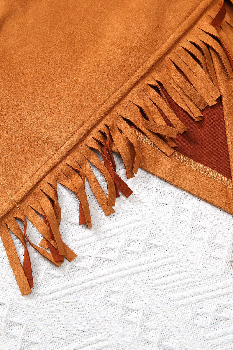 Brown Fringed Wrap Western Midi Skirt