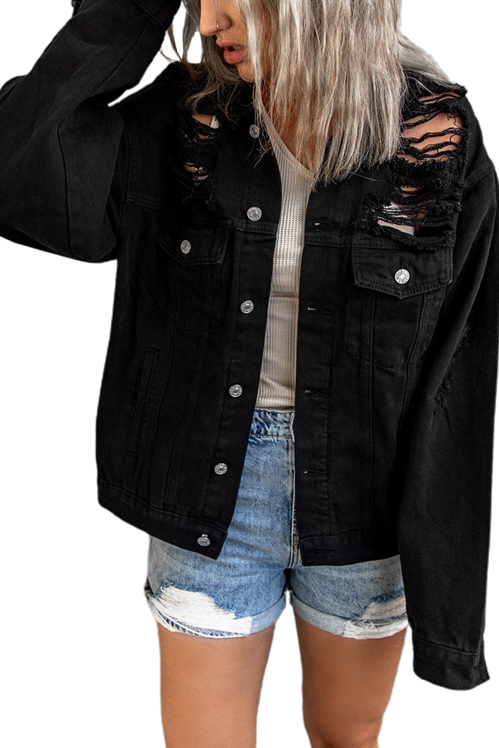 Blue Distressed Buttons Chest Pockets Denim Jacket