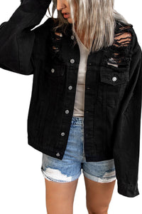 Blue Distressed Buttons Chest Pockets Denim Jacket