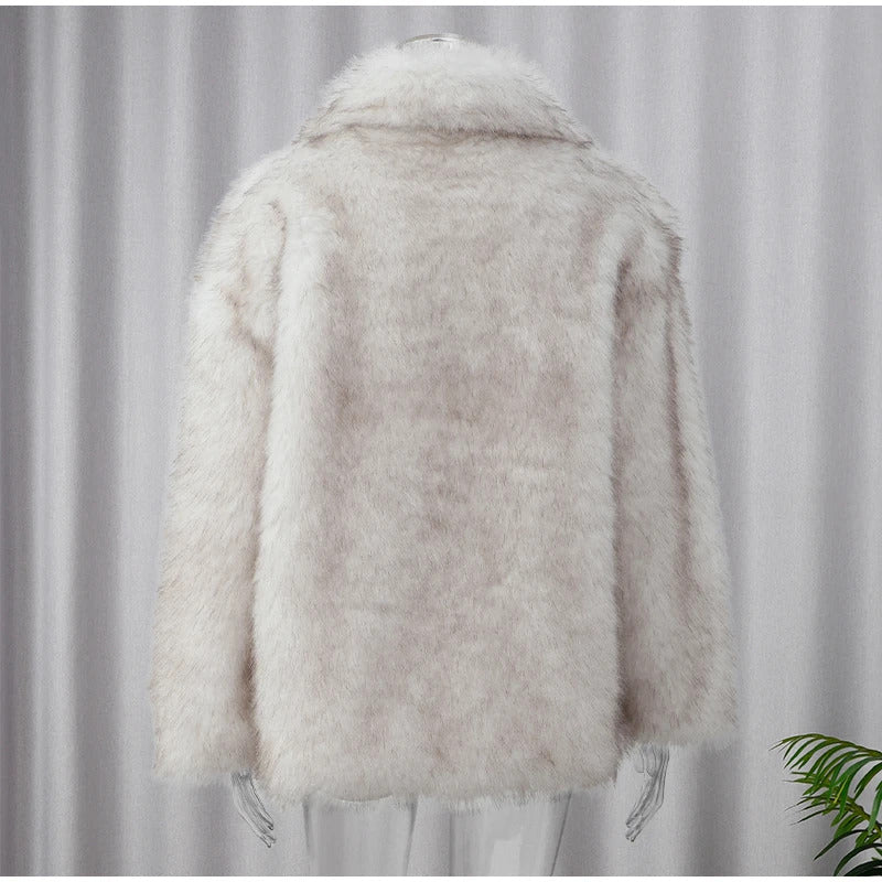 Solid Fluffy Faux Fur Women Thick Coat Fashion Warm Lapel Long Sleeve Short Jackets 2024 Winter Female Elegant Street Outerwear