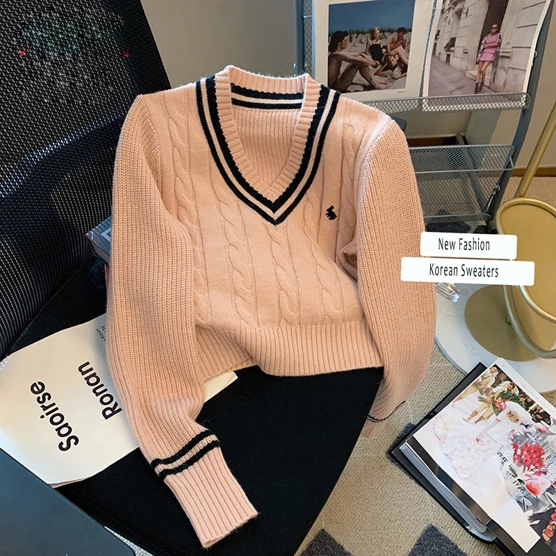 YuooMuoo Korean Fashion Sweaters Women Autumn V-neck Y2K Cartoon Embroidery Knitted Tops Winter Soft Basic Long Sleeve Pullovers