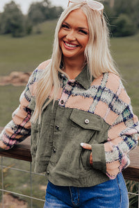 Green Plaid Corduroy Flap Pockets Boxy Chunky Jacket