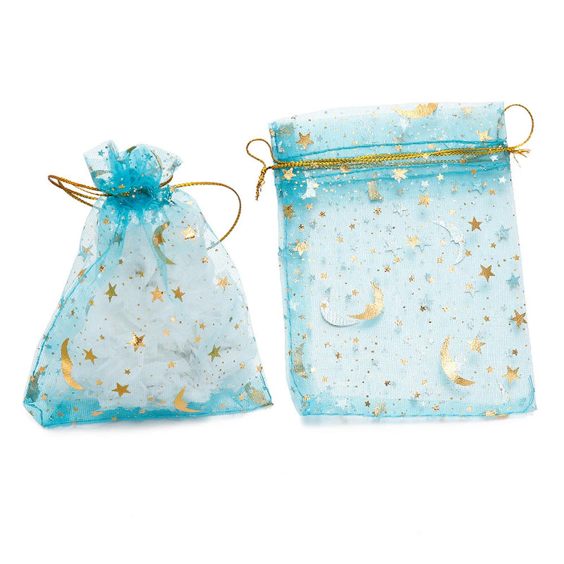 50pcs/Lot Multiple-sizes Printing Star Moon Christmas Organza Sack Drawstring Charm Packaging Bags Daily Jewelry Package