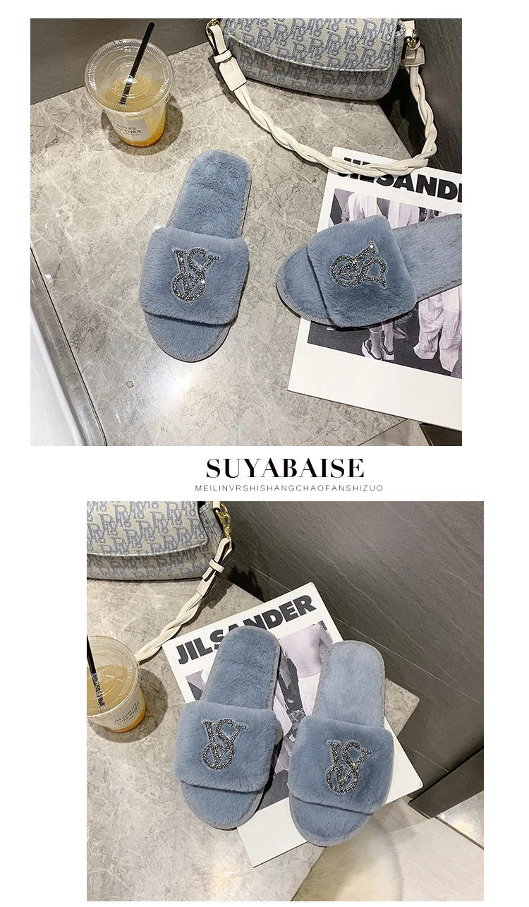 Female Home Cotton Slippers Women Autumn Winter Hairy Warm Footwear Fashion Letter Rhinestones Sandals Woman Casual Flat Shoes